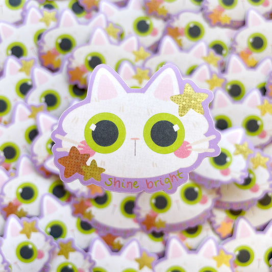 White Cat Shine Bright Glitter Matte Die-cut Sticker