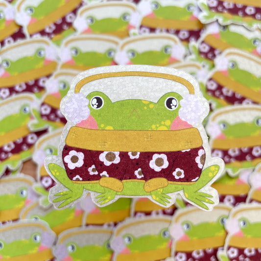 Winter Frog in Flower Sweater Matte Glitter Die-cut Sticker