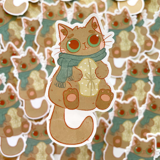 Orange Cat Holding Present Glossy Die-cut Sticker