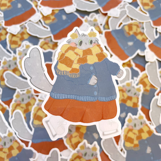 Ice Skating Grey Cat Glossy Die-cut Sticker