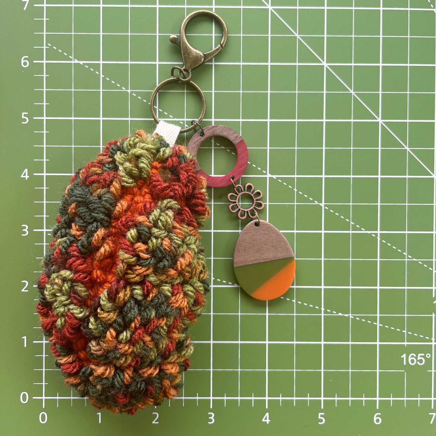 Multi-colored Leaf Orange and Green Charm Plush Punch Needle Keychain