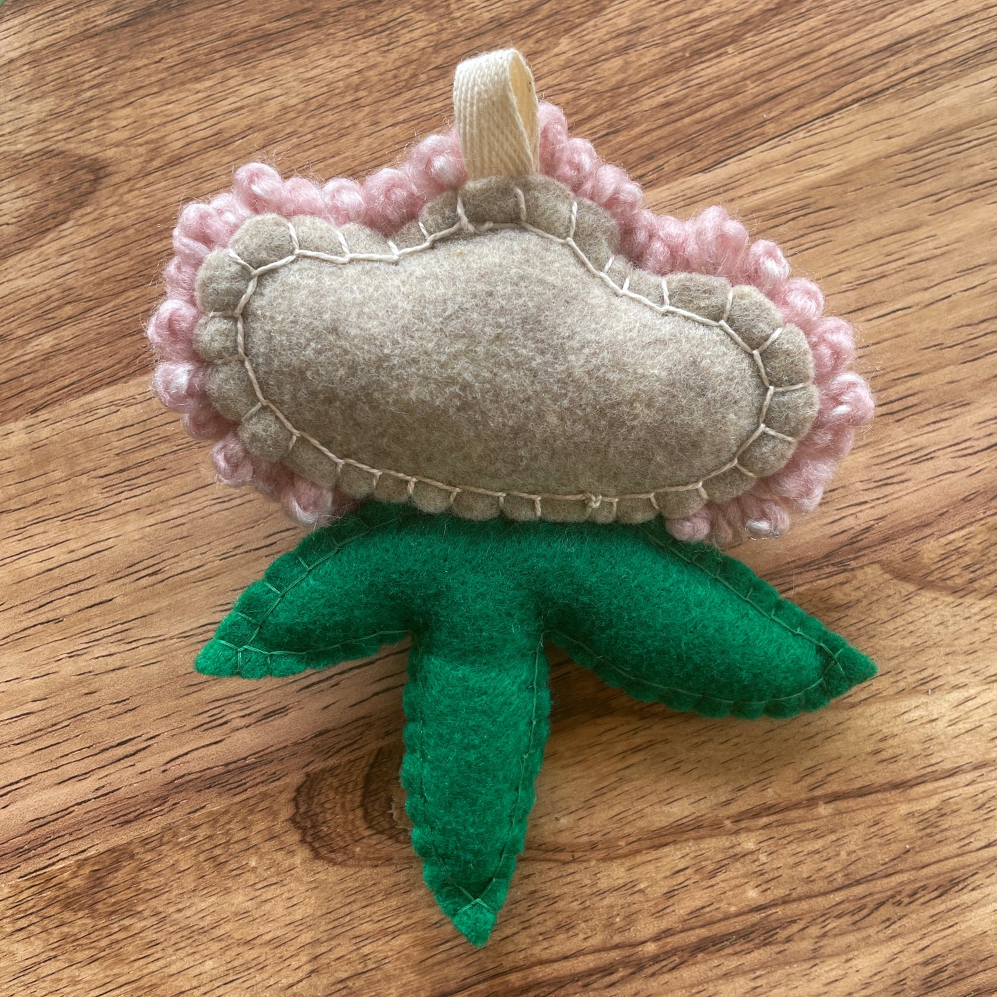 Pink Flower with Felt Leaves Plush Punch Needle Keychain