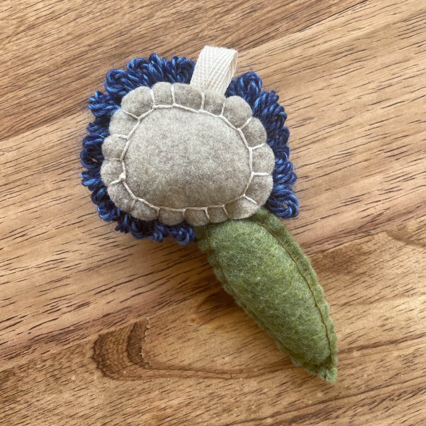 Small Blue Flower with Single Felt Leaf Plush Punch Needle Keychain