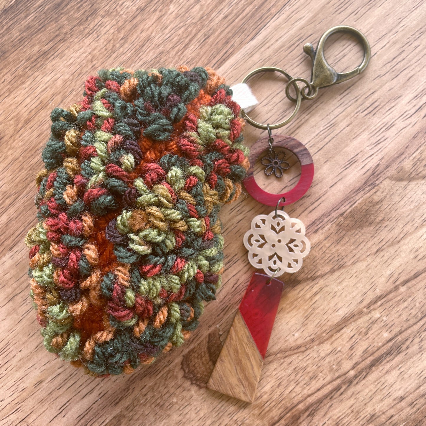 Multi-colored Leaf Red Charms Plush Punch Needle Keychain