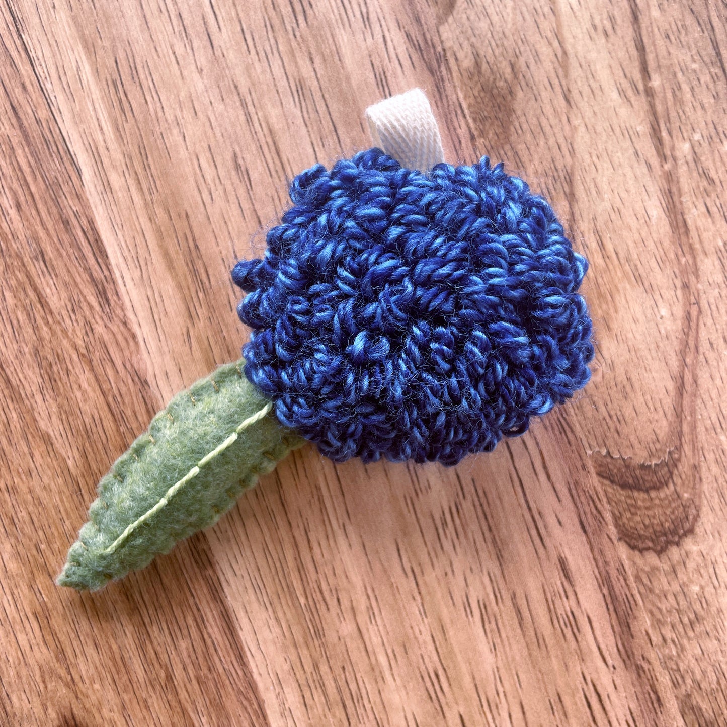 Mini Blue Flower with Single Felt Leaf Plush Punch Needle Keychain