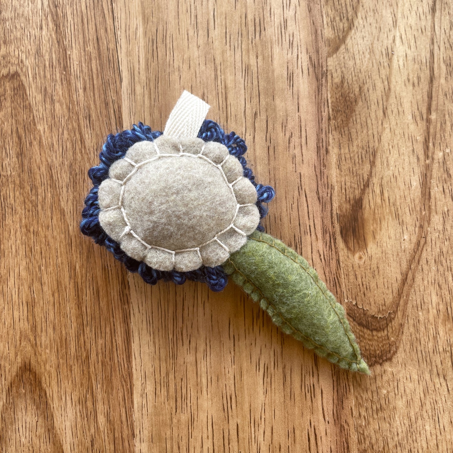 Mini Blue Flower with Single Felt Leaf Plush Punch Needle Keychain