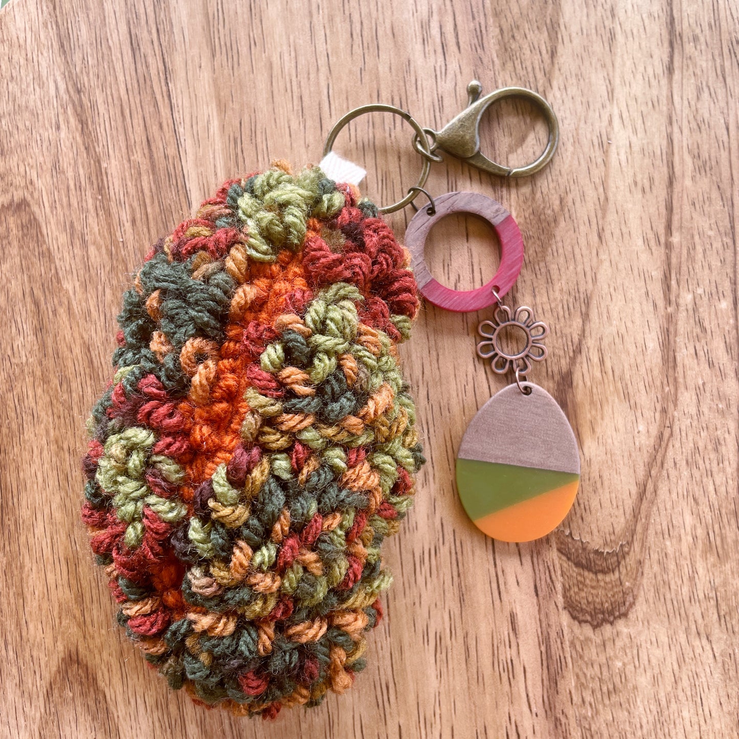 Multi-colored Leaf Orange and Green Charm Plush Punch Needle Keychain