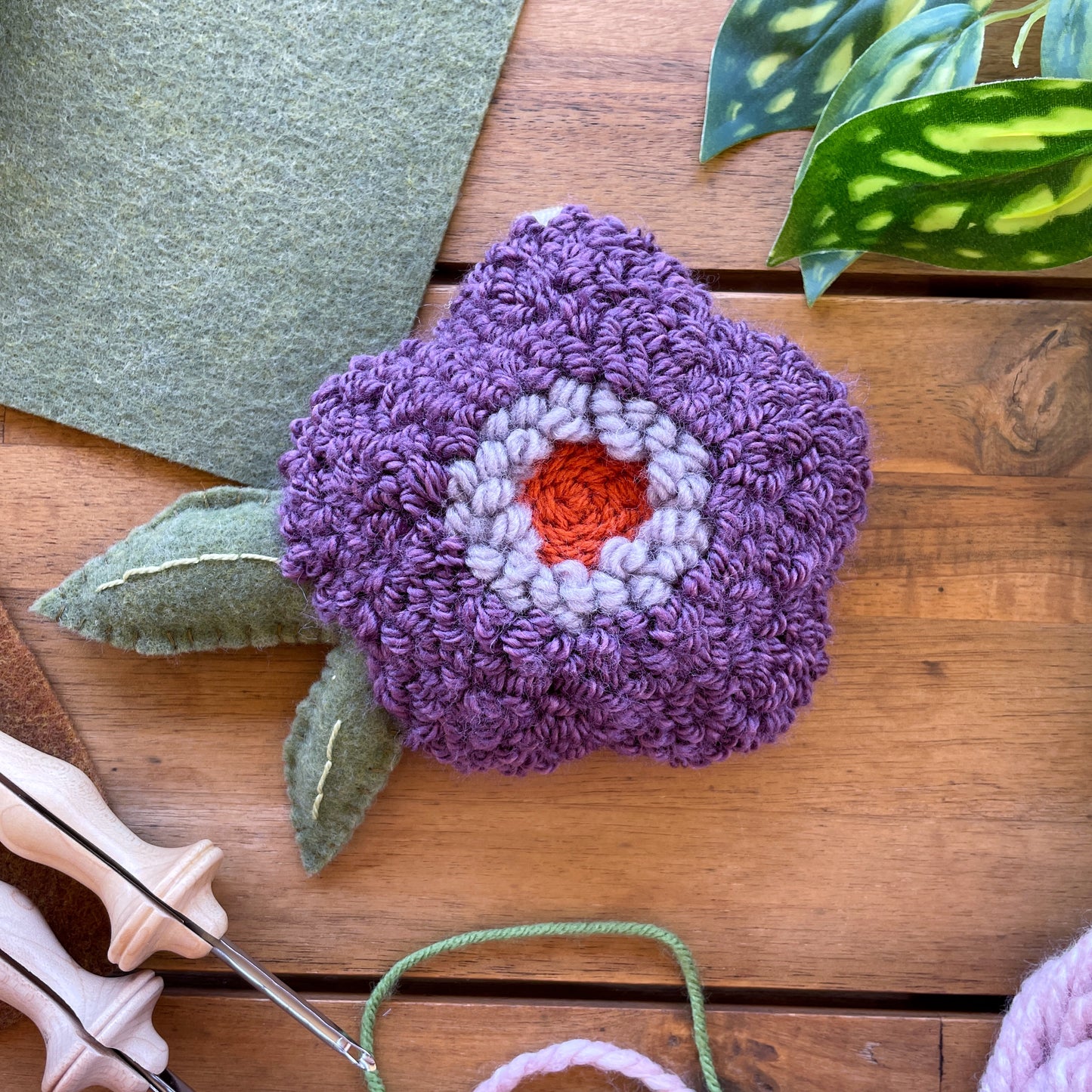 Purple Flower Plush Punch Needle Keychain