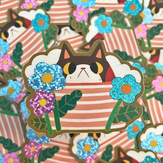 Brown and White Cat with Flowers Glitter Matte Die-cut Sticker