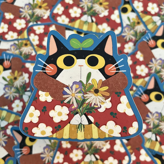 Tuxedo Cat with Bouquet Matte Die-cut Sticker