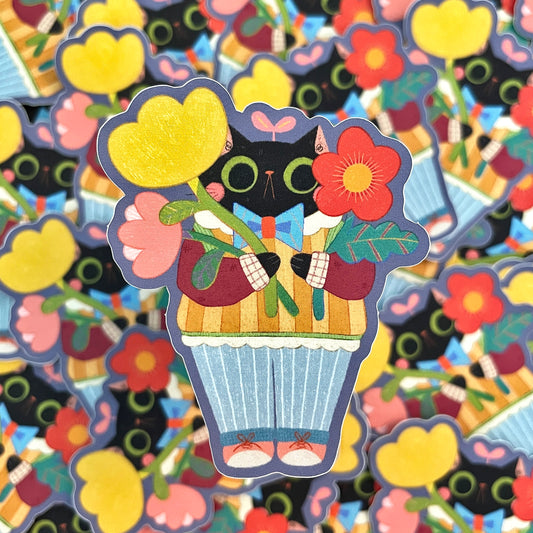 Black Cat with Blue Bow Matte Die-cut Sticker