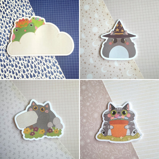 Die-cut Sticky Notes Grey Cat, Tabby Cat, Wizard Cat and Cloud Frogs