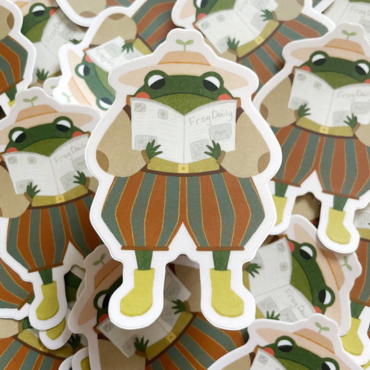 Frog with Newspaper Matte Die-cut Sticker