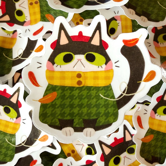 Autumn Leaves Cat Clear Glossy Die-cut Sticker