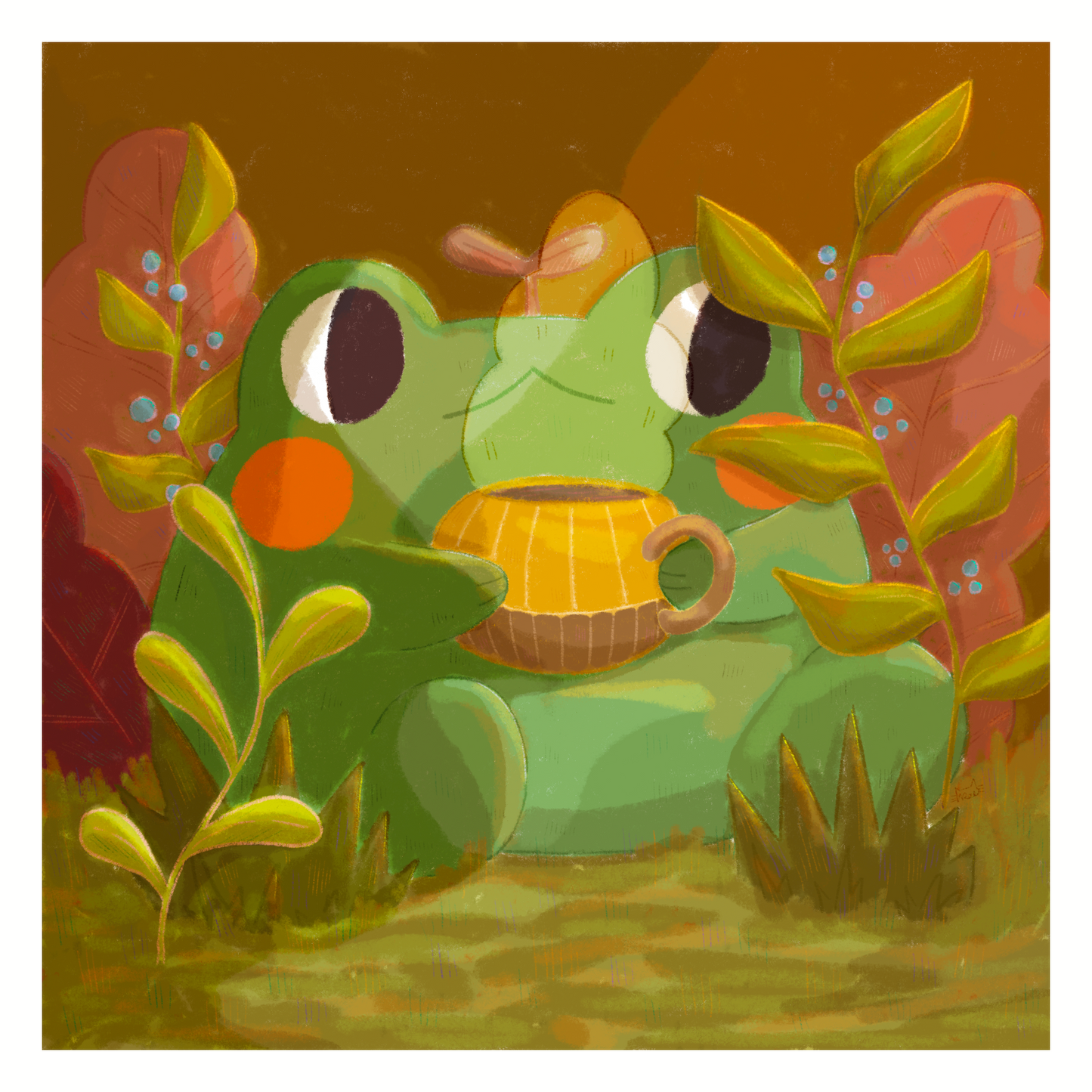 Cozy Tea Frog Illustration Matte Art Print