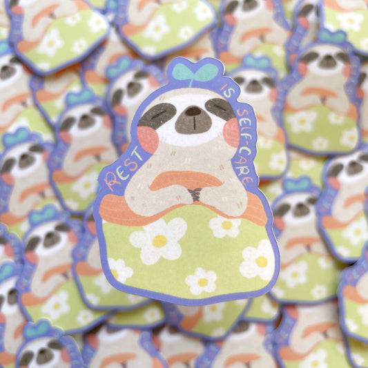 Sprout Sloth Rest is Self Care Satin Matte Die-cut Sticker