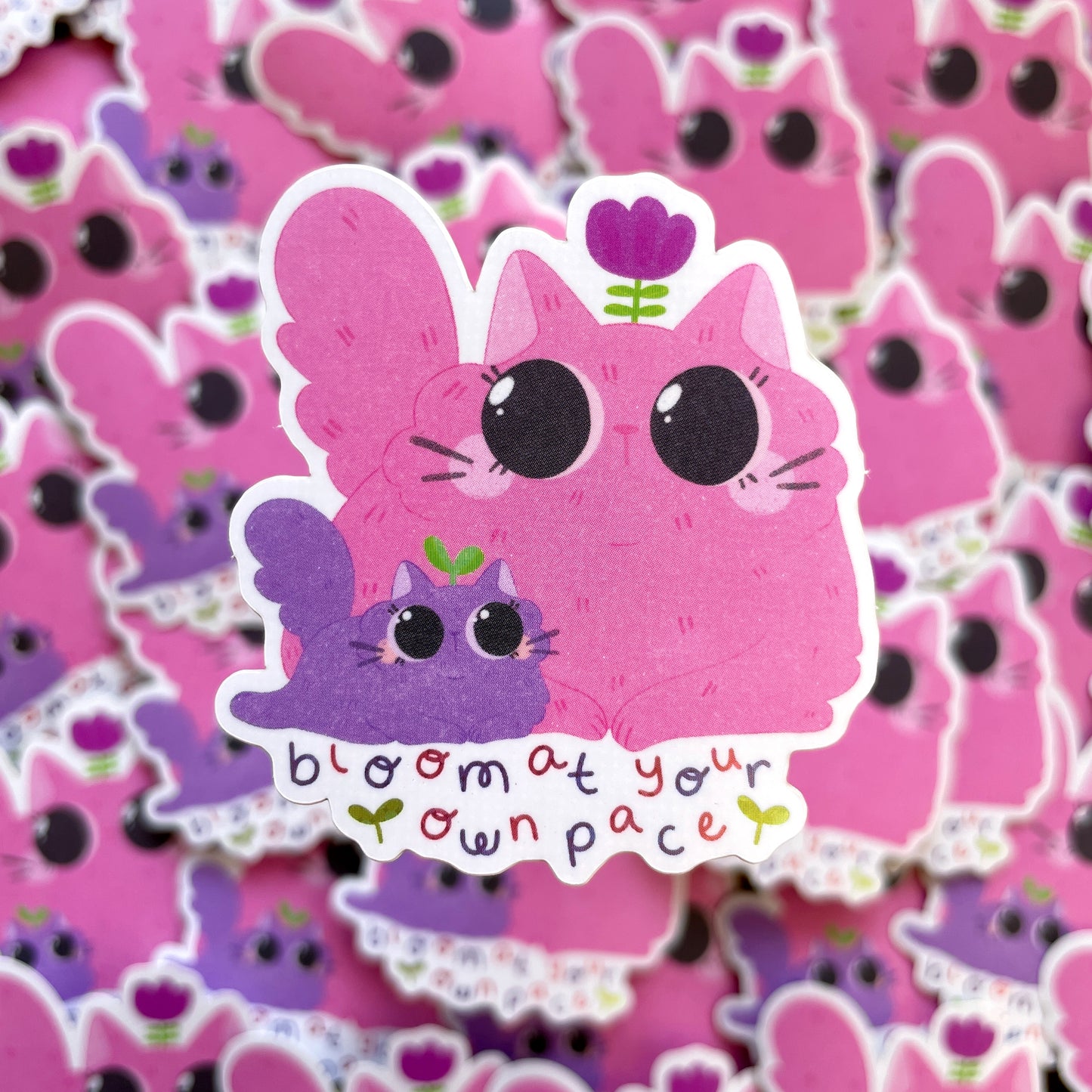Pink and Purple Cats Bloom at Your Own Pace Glitter Matte Die-cut Sticker