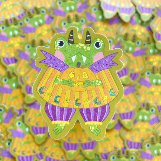 Magical Vampire Frog Holding Pumpkin Matte Glitter Die-cut Sticker