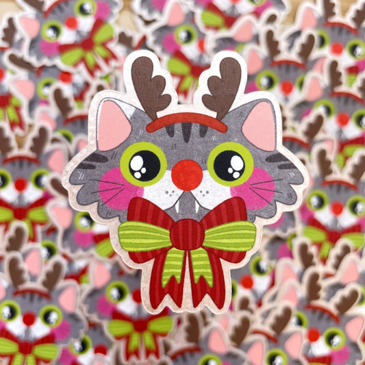 Red Nose Reindeer Tabby Cat Matte Glitter Die-cut Sticker