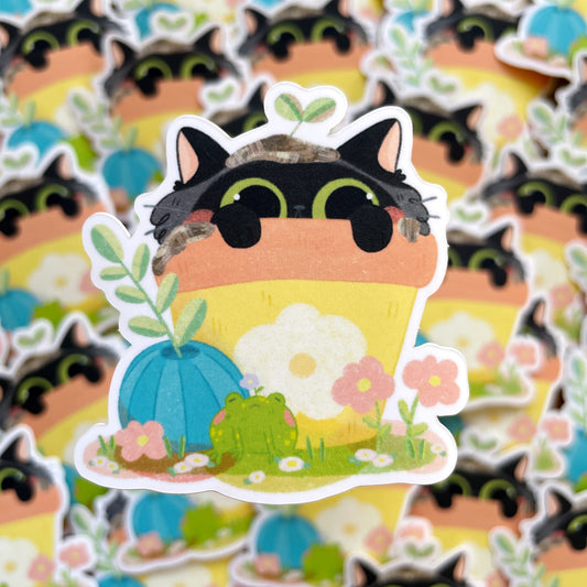 Black Cat in Flower Pot Satin Matte Die-cut Sticker