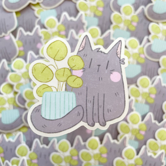 Grey Cat and Planter Satin Matte Die-cut Sticker