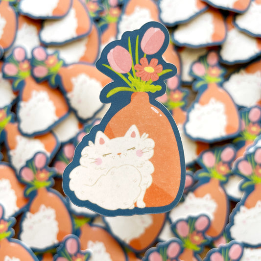 Cat and Vase Satin Matte Die-cut Sticker