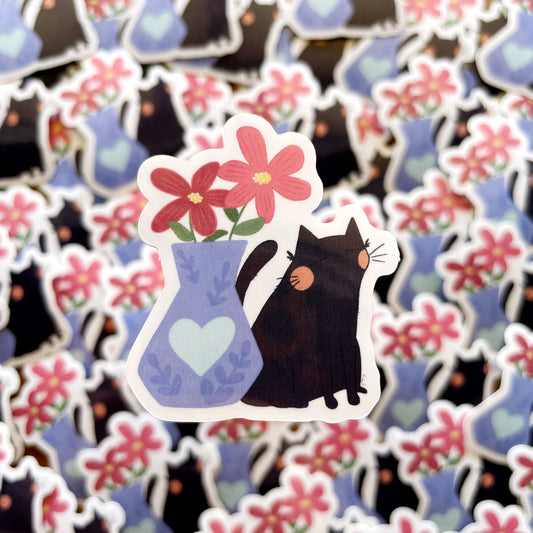 Black Cat with Blue Vase Glossy Die-cut Sticker