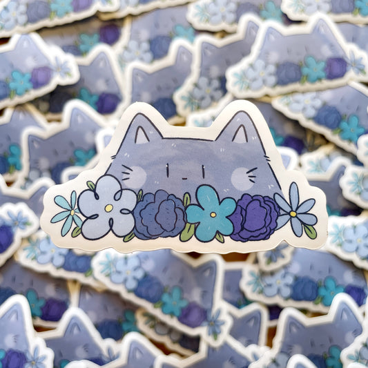 Cat with Blue Flowers Glossy Die-cut Sticker