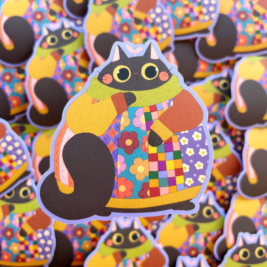 Black Cat in Funky Sweater Matte Die-cut Sticker