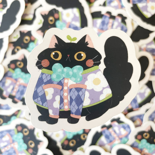 Black Fluffy Cat in Funky Sweater Matte Vinyl Die-cut Sticker