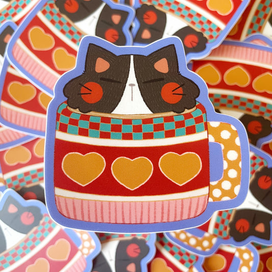 Tuxedo Cat in Mug Matte Vinyl Die-cut Sticker