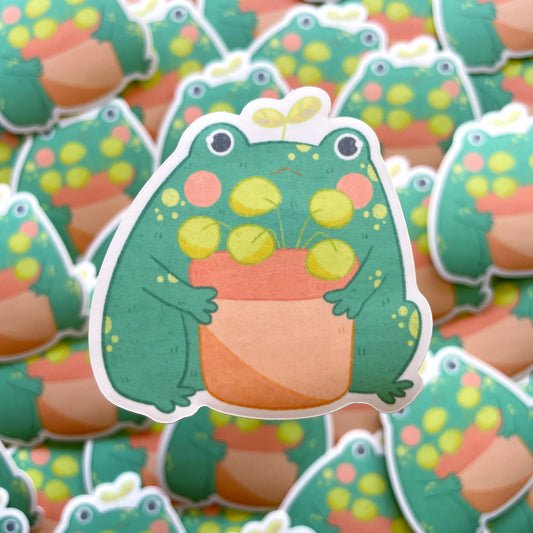 Sprout Frog with Plant Satin Matte Die-cut Sticker