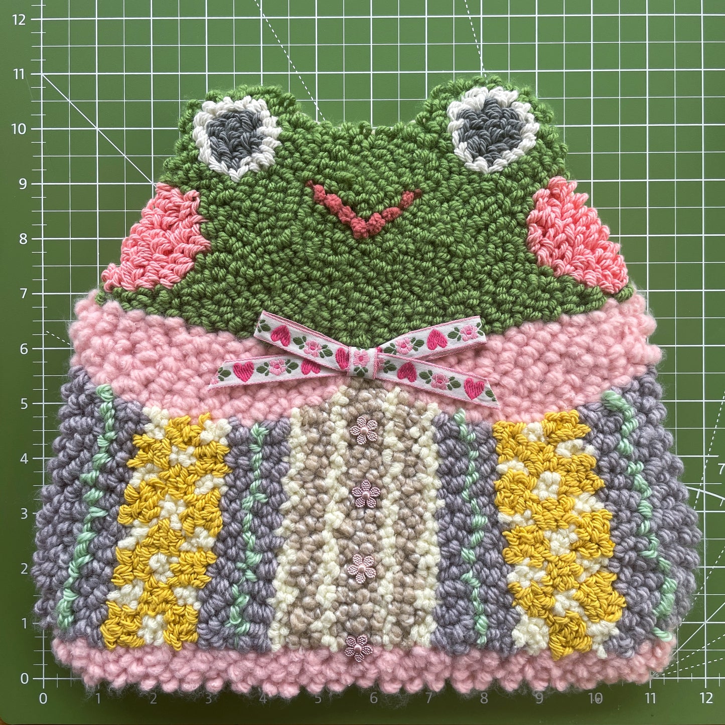 Frog with Pink Bow Large Punch Needle Wall Hang