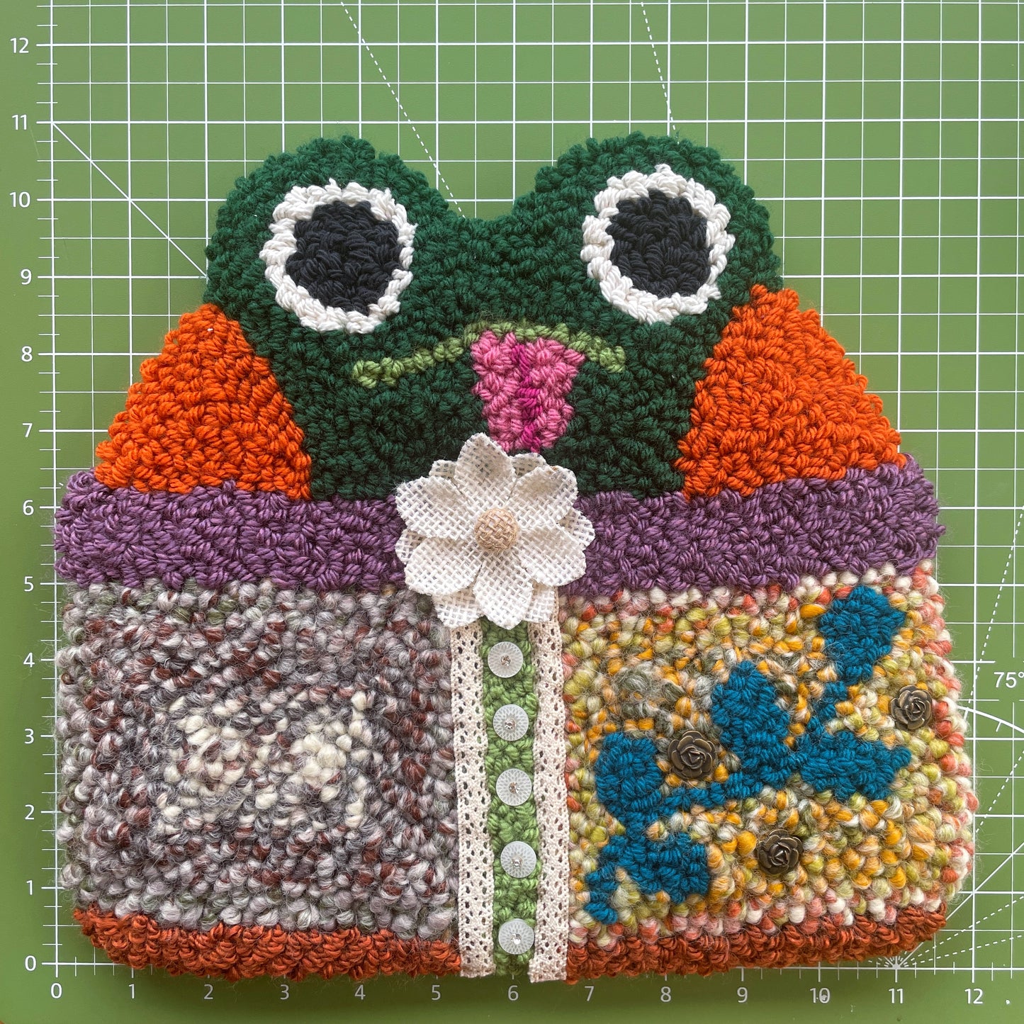 Frog with White Flower Large Punch Needle Wall Hang