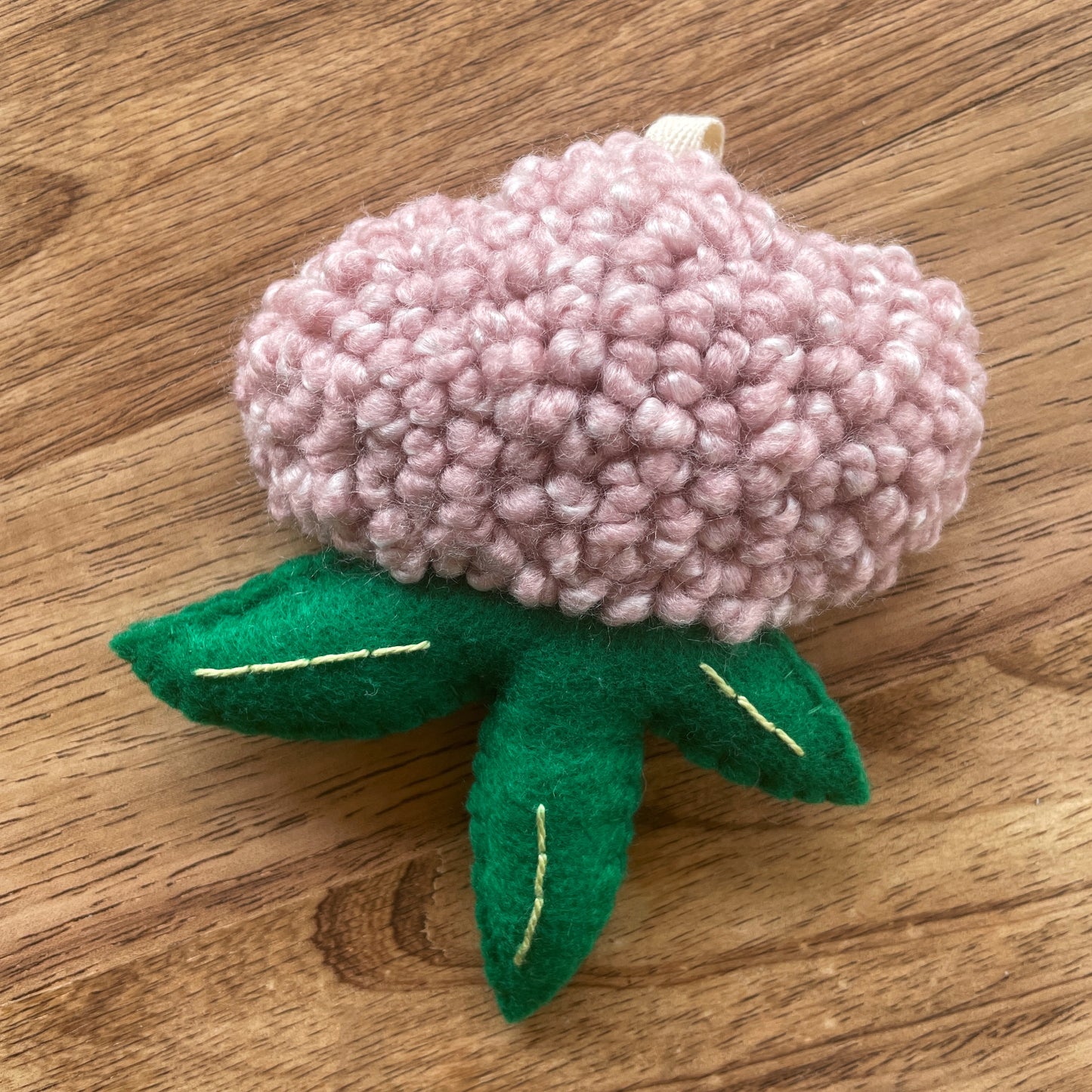 Pink Flower with Felt Leaves Plush Punch Needle Keychain