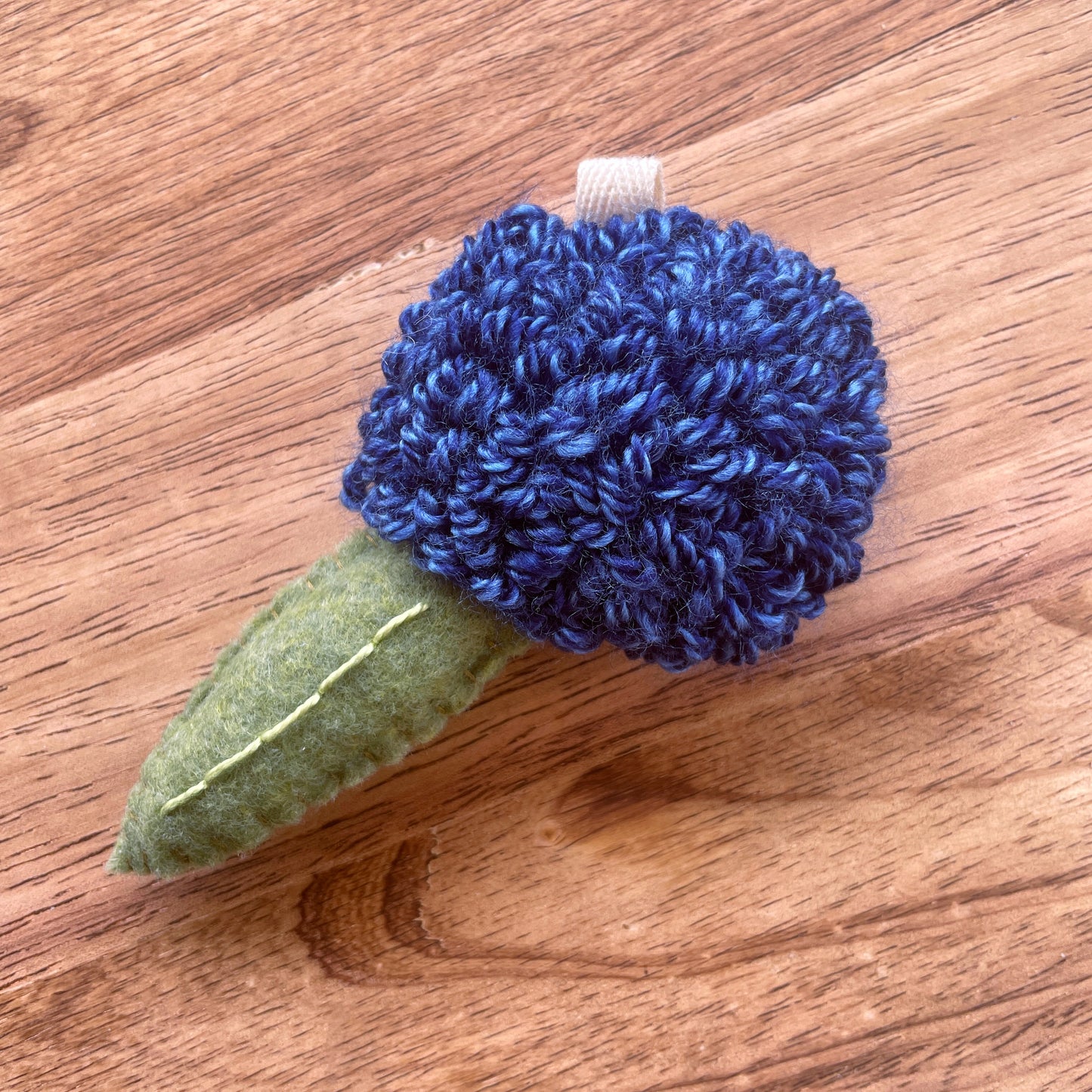 Small Blue Flower with Single Felt Leaf Plush Punch Needle Keychain