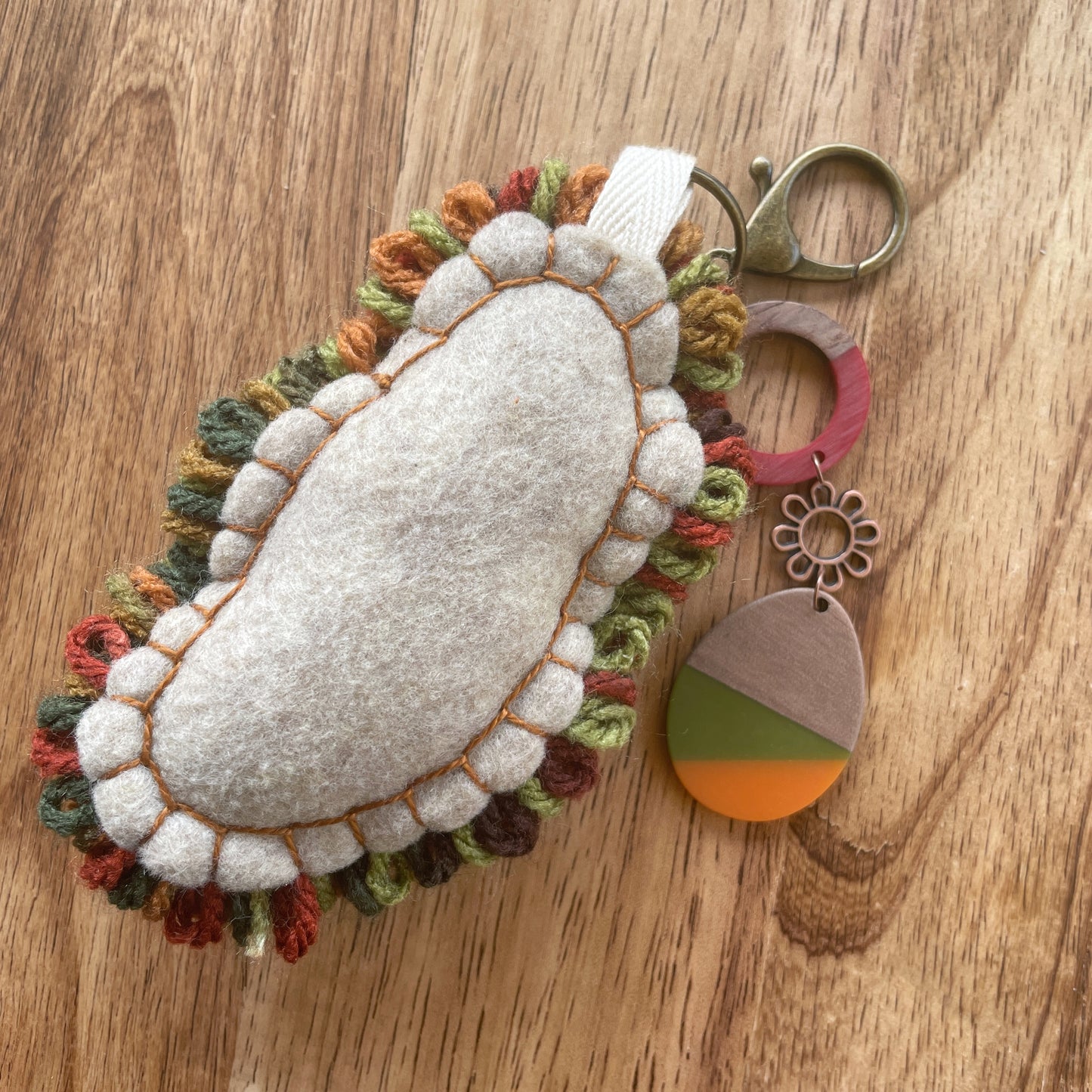Multi-colored Leaf Orange and Green Charm Plush Punch Needle Keychain