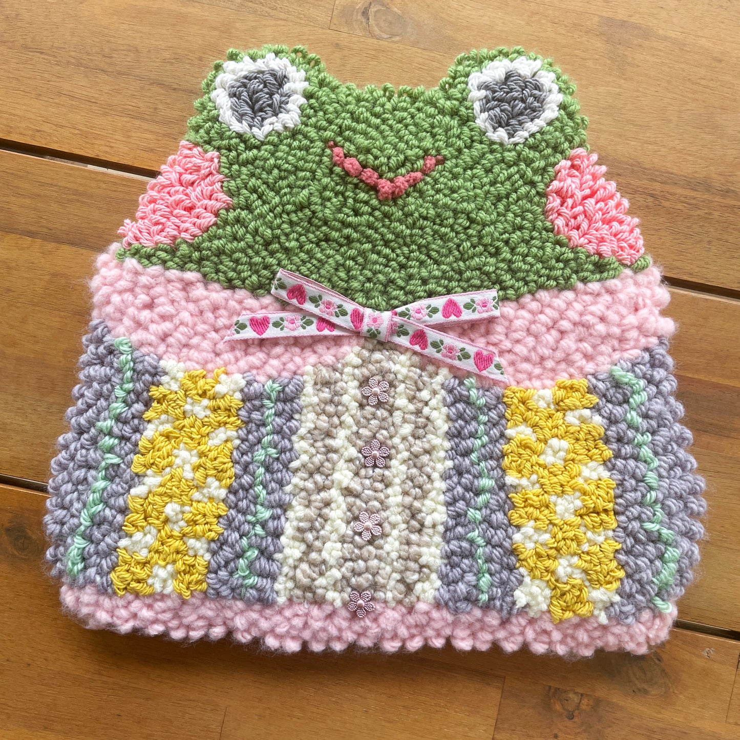 Frog with Pink Bow Large Punch Needle Wall Hang