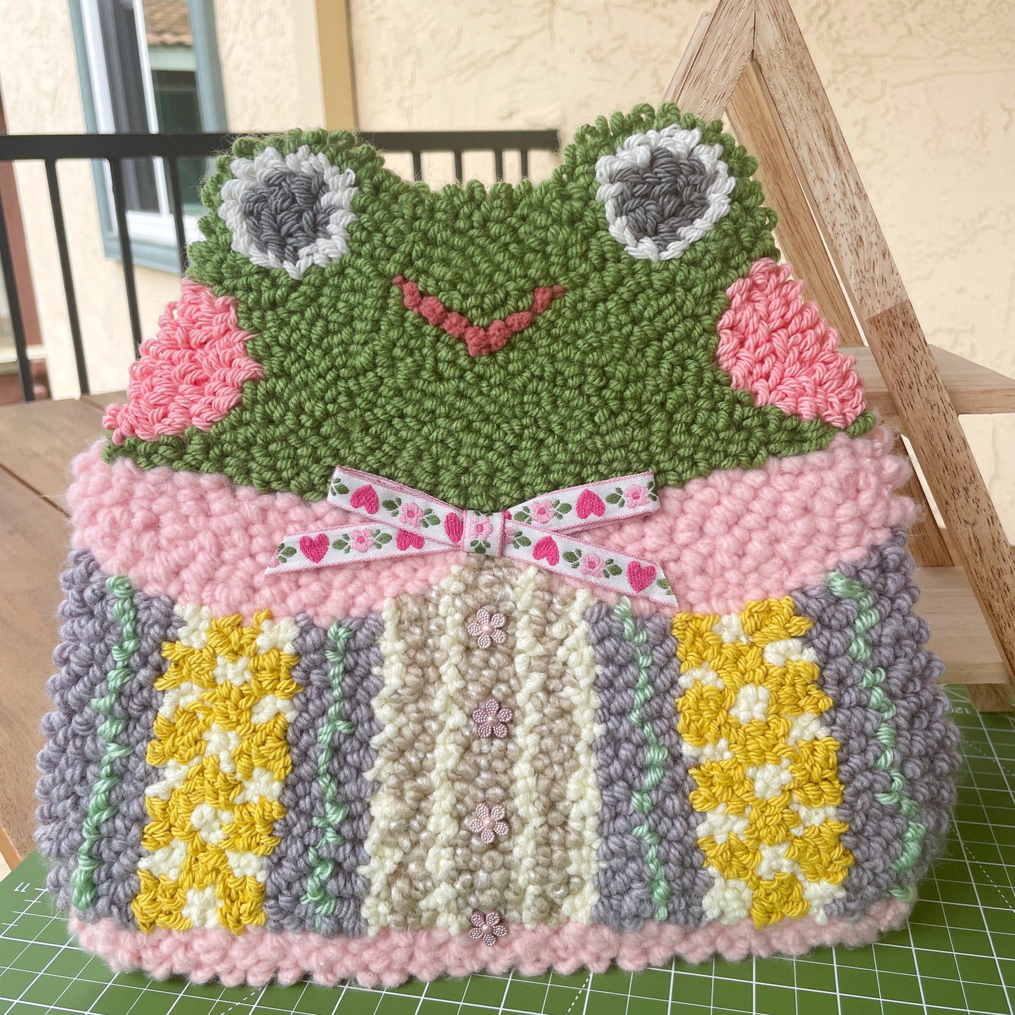 Frog with Pink Bow Large Punch Needle Wall Hang