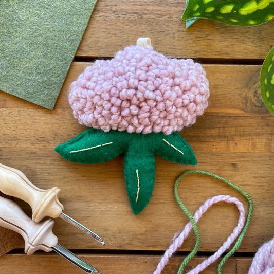 Pink Flower with Felt Leaves Plush Punch Needle Keychain