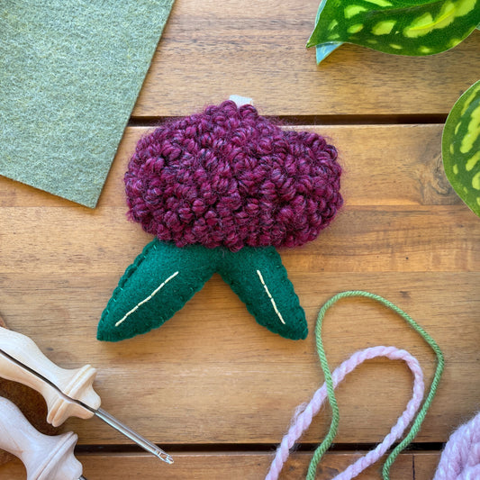 Small Purple Flower with Felt Leaves Plush Punch Needle Keychain