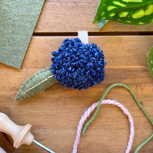 Mini Blue Flower with Single Felt Leaf Plush Punch Needle Keychain