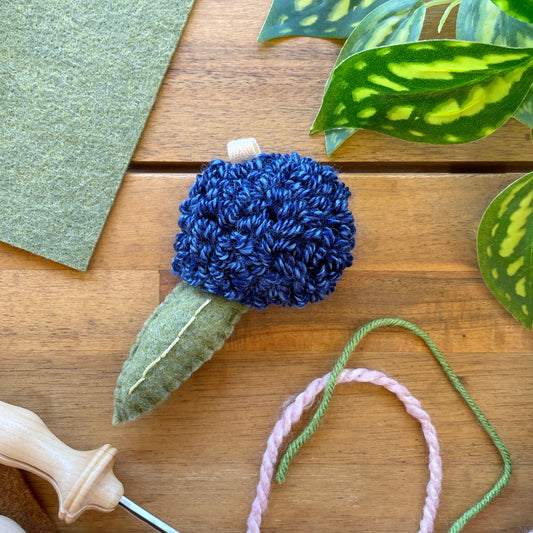 Small Blue Flower with Single Felt Leaf Plush Punch Needle Keychain