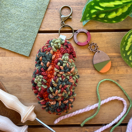 Multi-colored Leaf Orange and Green Charm Plush Punch Needle Keychain