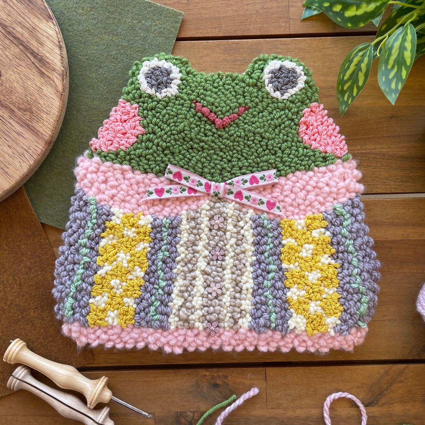 Frog with Pink Bow Large Punch Needle Wall Hang