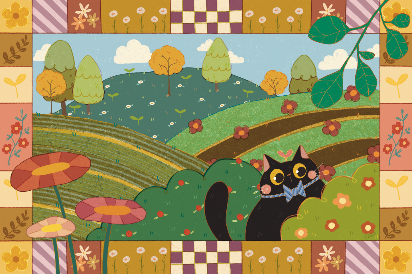 Quilt Frame Cozy Black Cat Outdoors Art Print