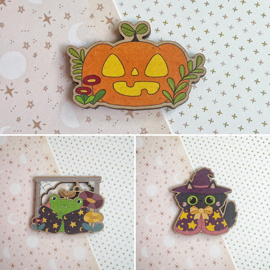 Wooden Halloween Spoopy Season Magic Pins and Magnets