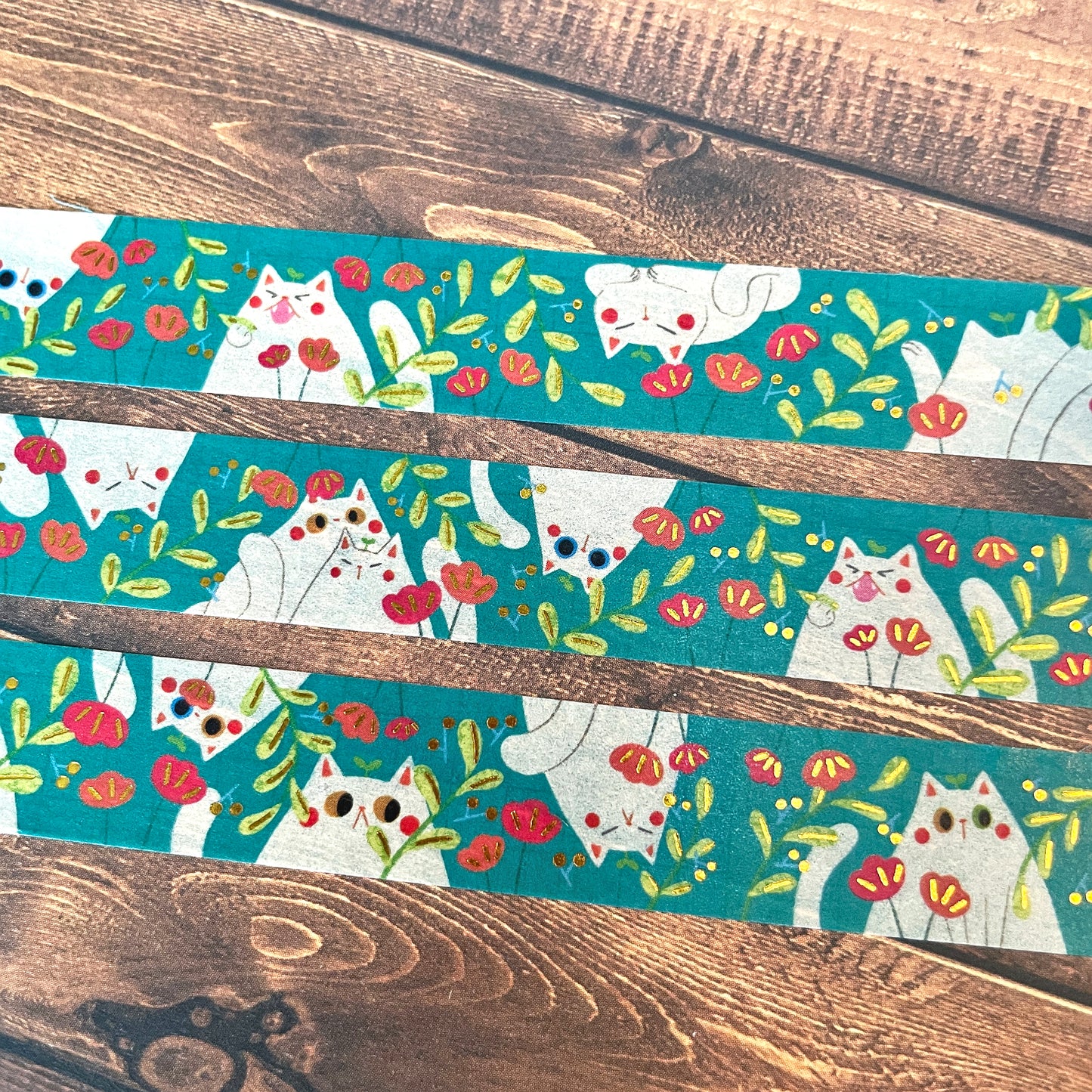 White Winter Cats with Gold Foil Detail 15mm Standard Washi Tape