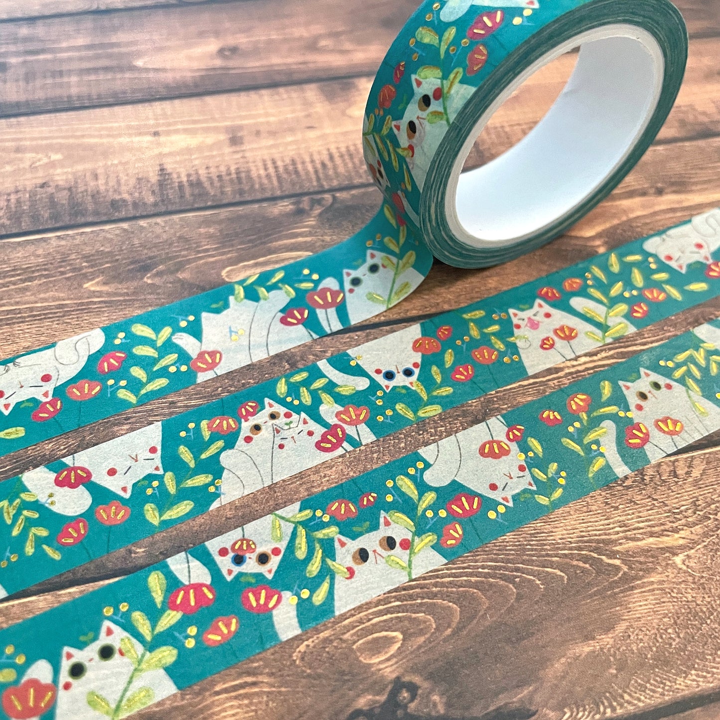 White Winter Cats with Gold Foil Detail 15mm Standard Washi Tape