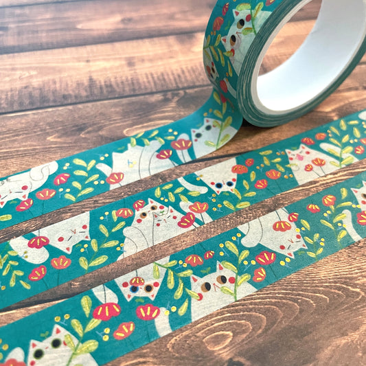 White Winter Cats with Gold Foil Detail 15mm Standard Washi Tape